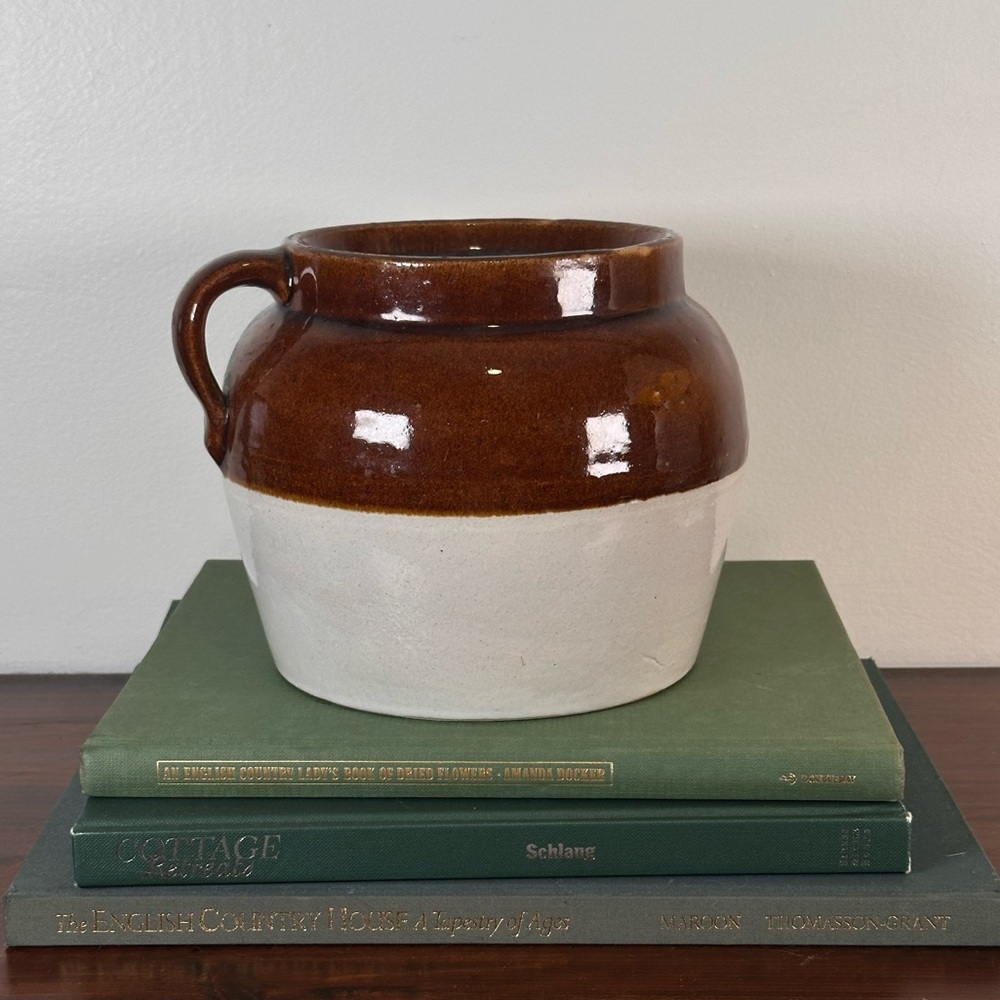 Vintage Brown Ceramic Crock Bean Pot Stoneware Glazed Antique Handle Vessel